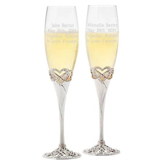 Personalized Infinity Heart Engraved Wedding Champagne Glass Flutes Set of 2