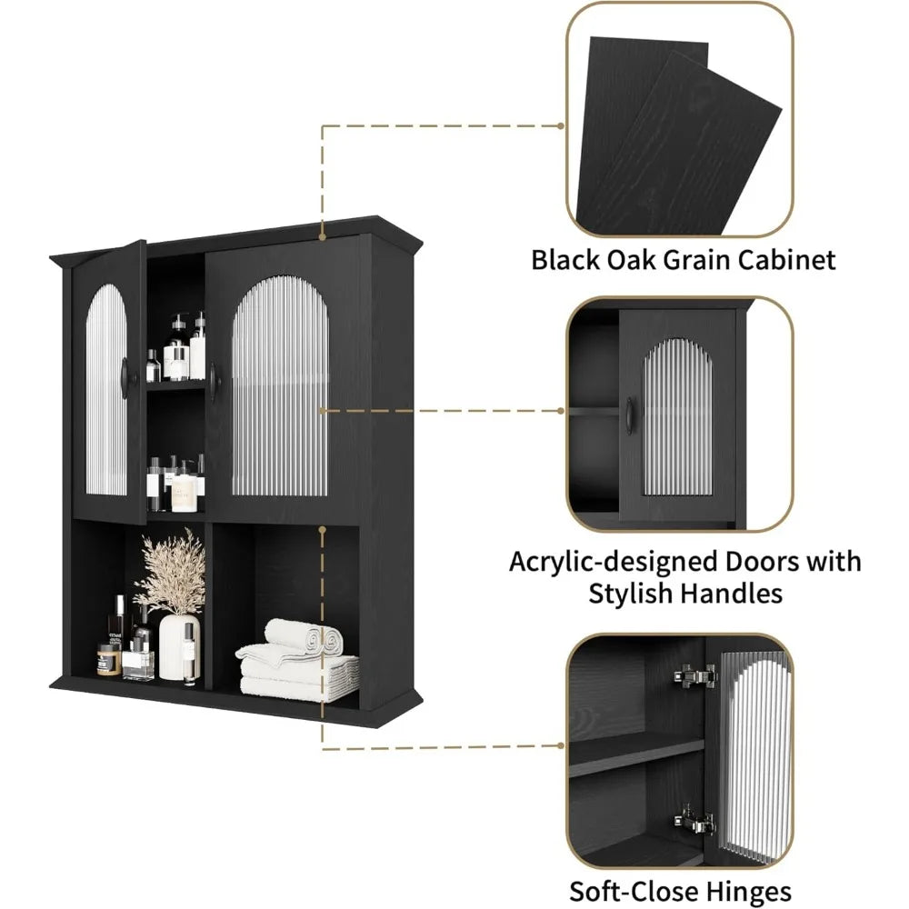 black over-the-toilet storage cabinet with fluted door, 23.6" x 29.5" medicine cabinet