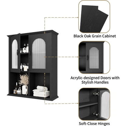 black over-the-toilet storage cabinet with fluted door, 23.6" x 29.5" medicine cabinet