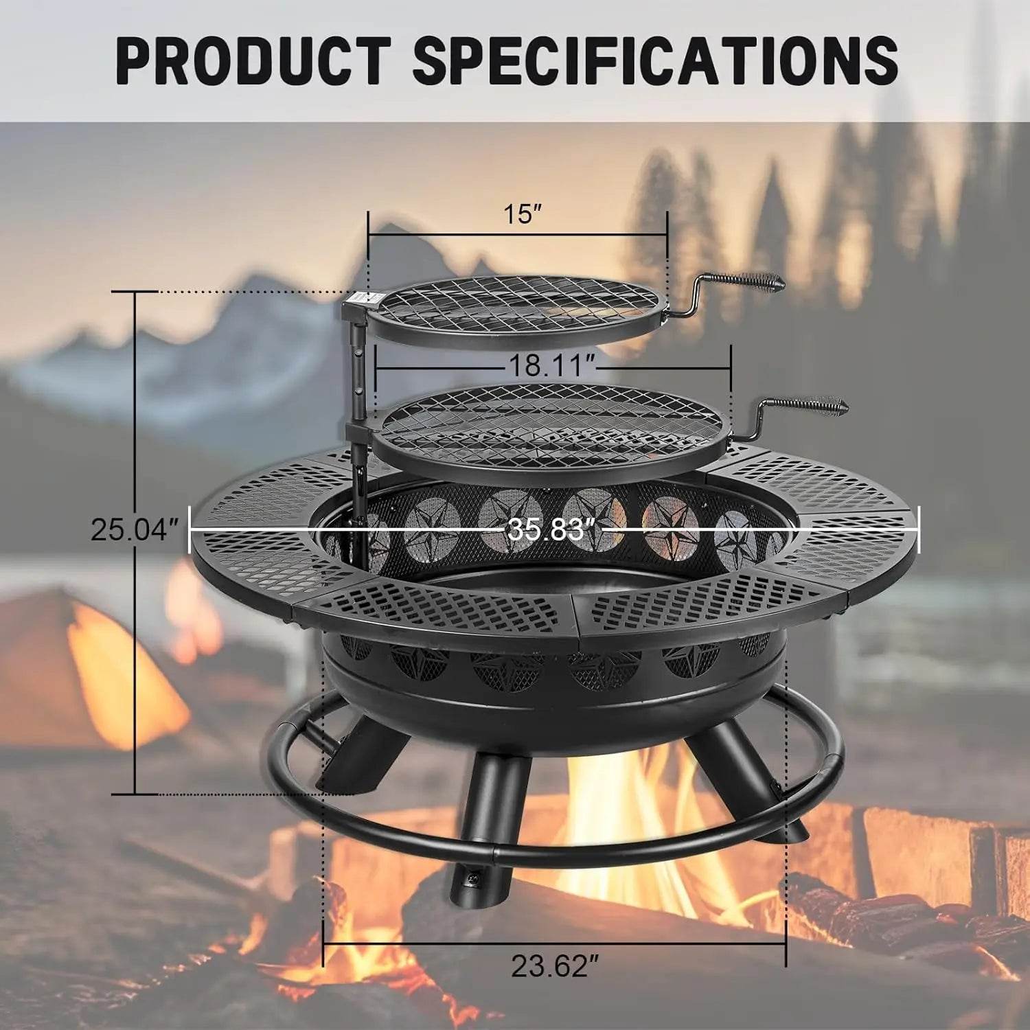 36 Inch Fire Pit with 2 Cooking Grills,Outdoor Wood Burning BBQ Firepit with Lid, 3-in-1 Outdoor Fire Pit - Loft&Timber