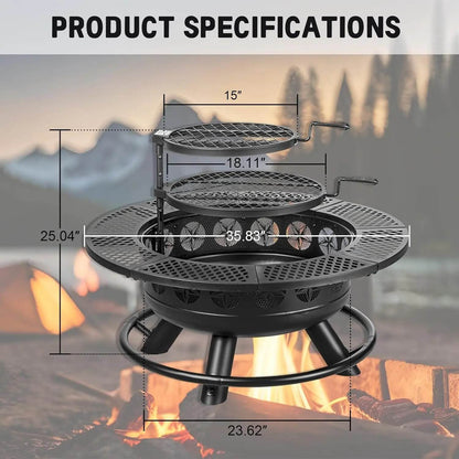 36 Inch Fire Pit with 2 Cooking Grills,Outdoor Wood Burning BBQ Firepit with Lid, 3-in-1 Outdoor Fire Pit - Loft&Timber