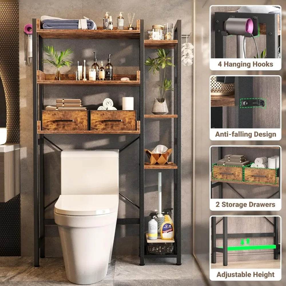 Freestanding 7-Tier Bathroom Organizer with 2 Drawers and Adjustable Shelf for Over-the-Toilet Storage - Loft&Timber