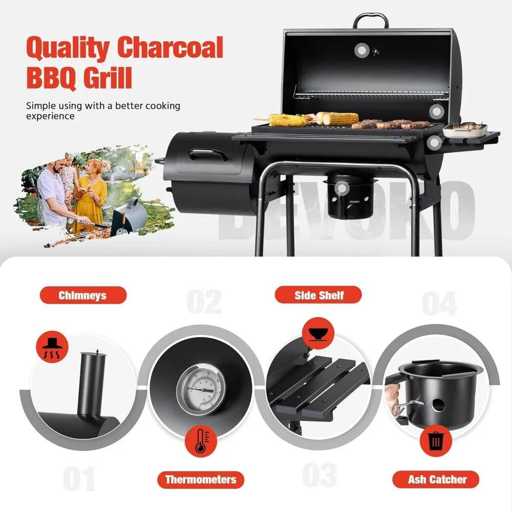 Charcoal Grill, Outdoor BBQ Grill with Offset Smoker and Side Table for Garden and Parties - Loft&Timber