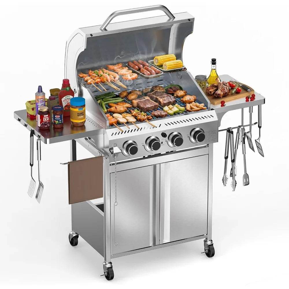 Stainless Steel 4-Burner Propane Gas Grill with Folding Side Shelf and 32,000 BTU Cooking Power - Loft&Timber