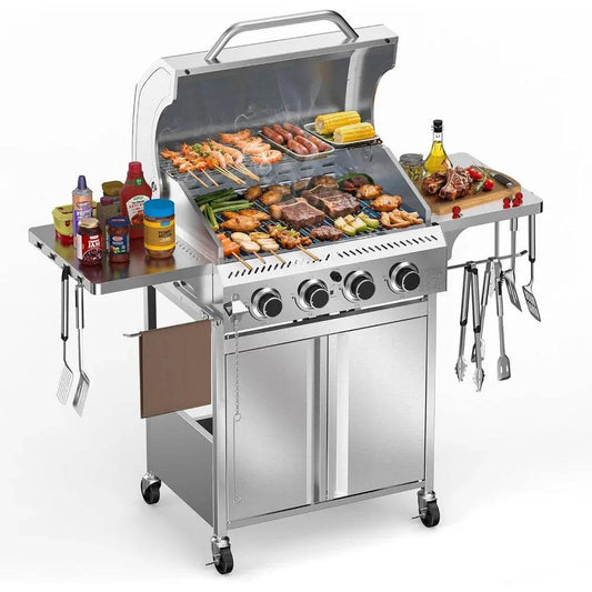 Stainless Steel 4-Burner Propane Gas Grill with Folding Side Shelf and 32,000 BTU Cooking Power - Loft&Timber