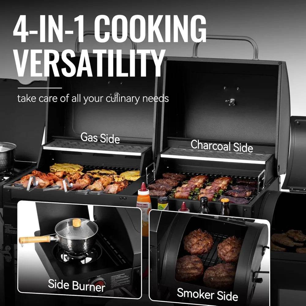 2-Burner Gas and Charcoal Combo Grill with Offset Smoker & Side Burner, 34,000 BTU Dual Fuel Grill, 1020 Sq. In. Cooking Area, I - Loft&Timber