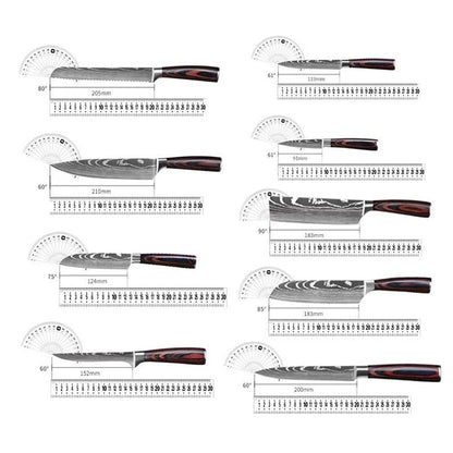 Set Kitchen Cutter Set 5CR15 Stainless Steel Wood Handle Damascus Pattern - Loft&Timber