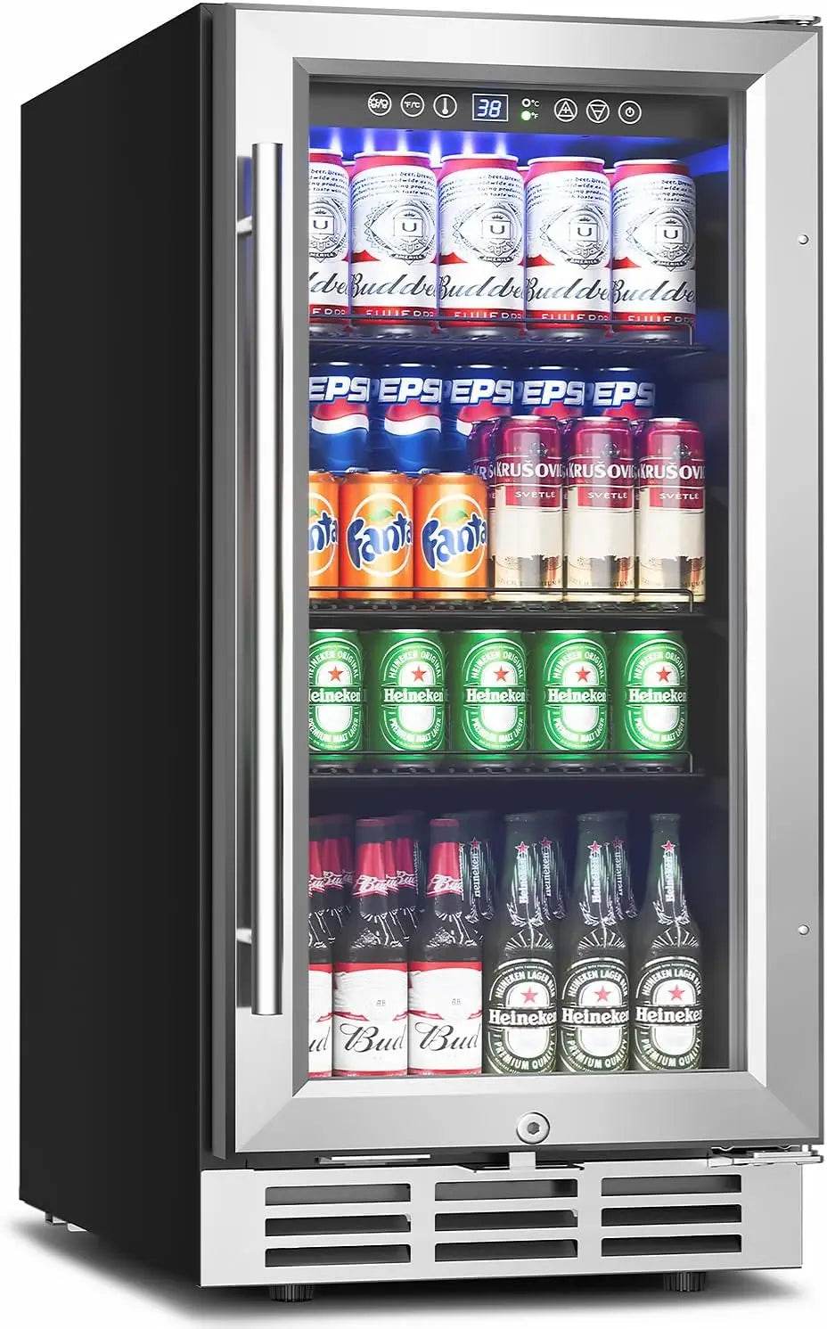 15 Inch Beverage Refrigerator Under Counter - 126 Cans Beverage Fridge with Glass Door for Beer Wine Soda - Built-in