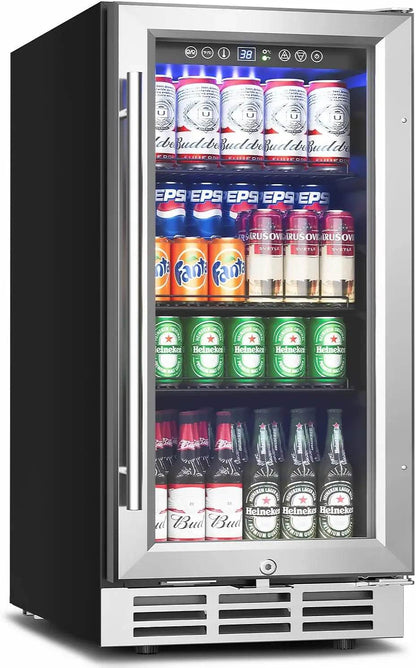 15 Inch Beverage Refrigerator Under Counter - 126 Cans Beverage Fridge with Glass Door for Beer Wine Soda - Built-in