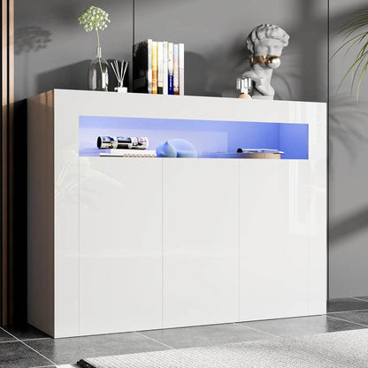 High Glossy Sideboard Modern White Buffet Cabinet with LED Lights - Loft&Timber