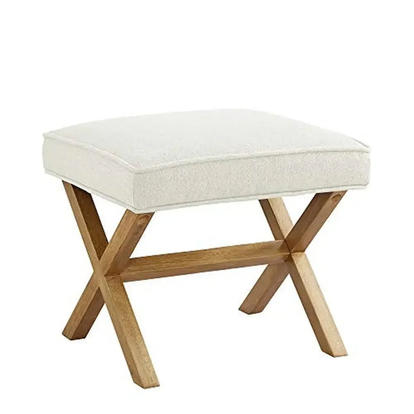 Modern Square Ottoman Chair Ivory Fabric Upholstery Wood Base 18"x20"x18" Mid-Century Design