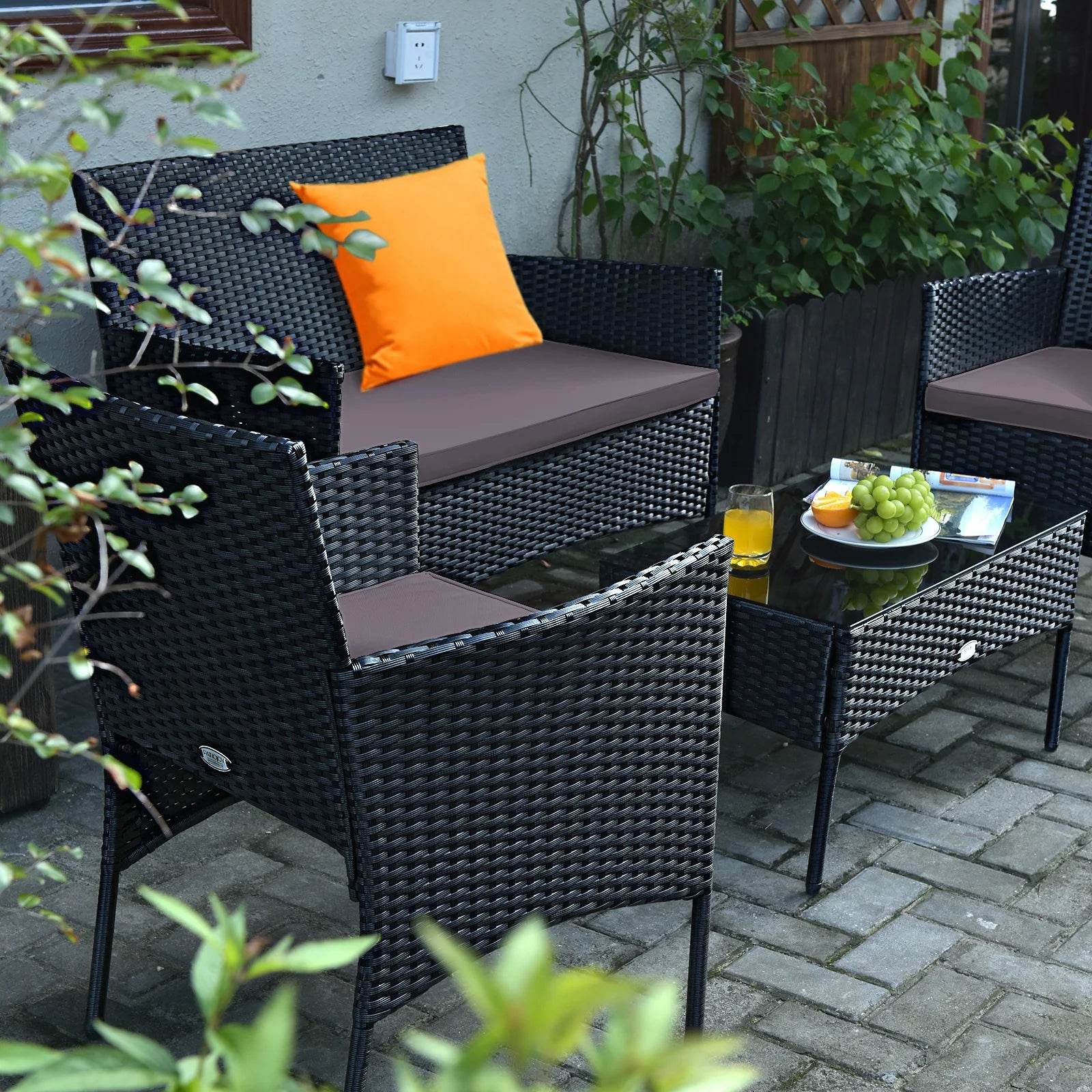 4PCS Patio Rattan Furniture Set Cushioned Sofa Coffee Table Backyard Grey - Loft&Timber