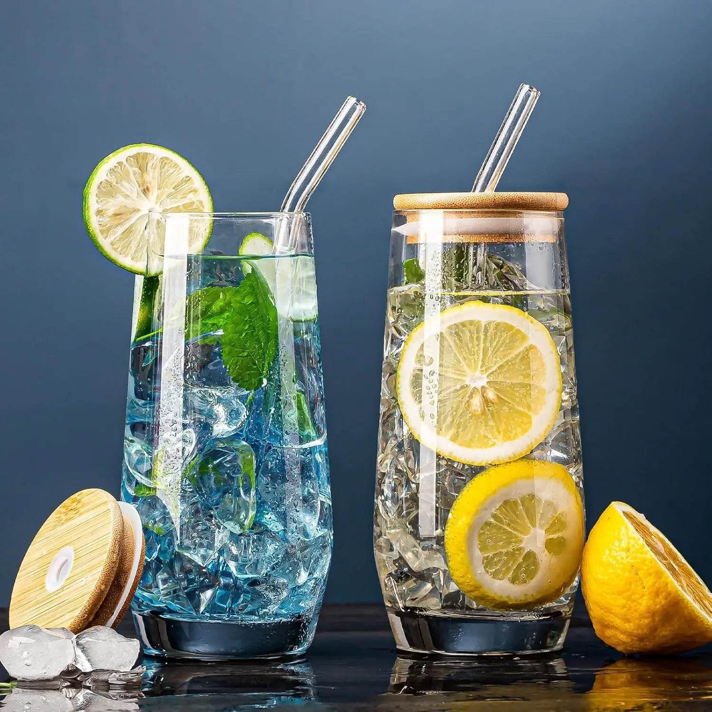 Drinking Glasses, Crystal Highball Glasses Set of 6 with Straws and Bamboo Lids - Loft&Timber