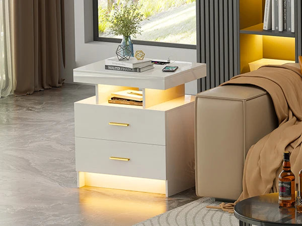 JDPAG LED Nightstand with Wireless Charging Station,Black Night Stand with 2 Drawers,Glass Top Smart Bedside Table