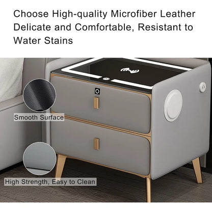 Modern Bluetooth Nightstand with LED Light, 2 Drawers, and Fingerprint Lock