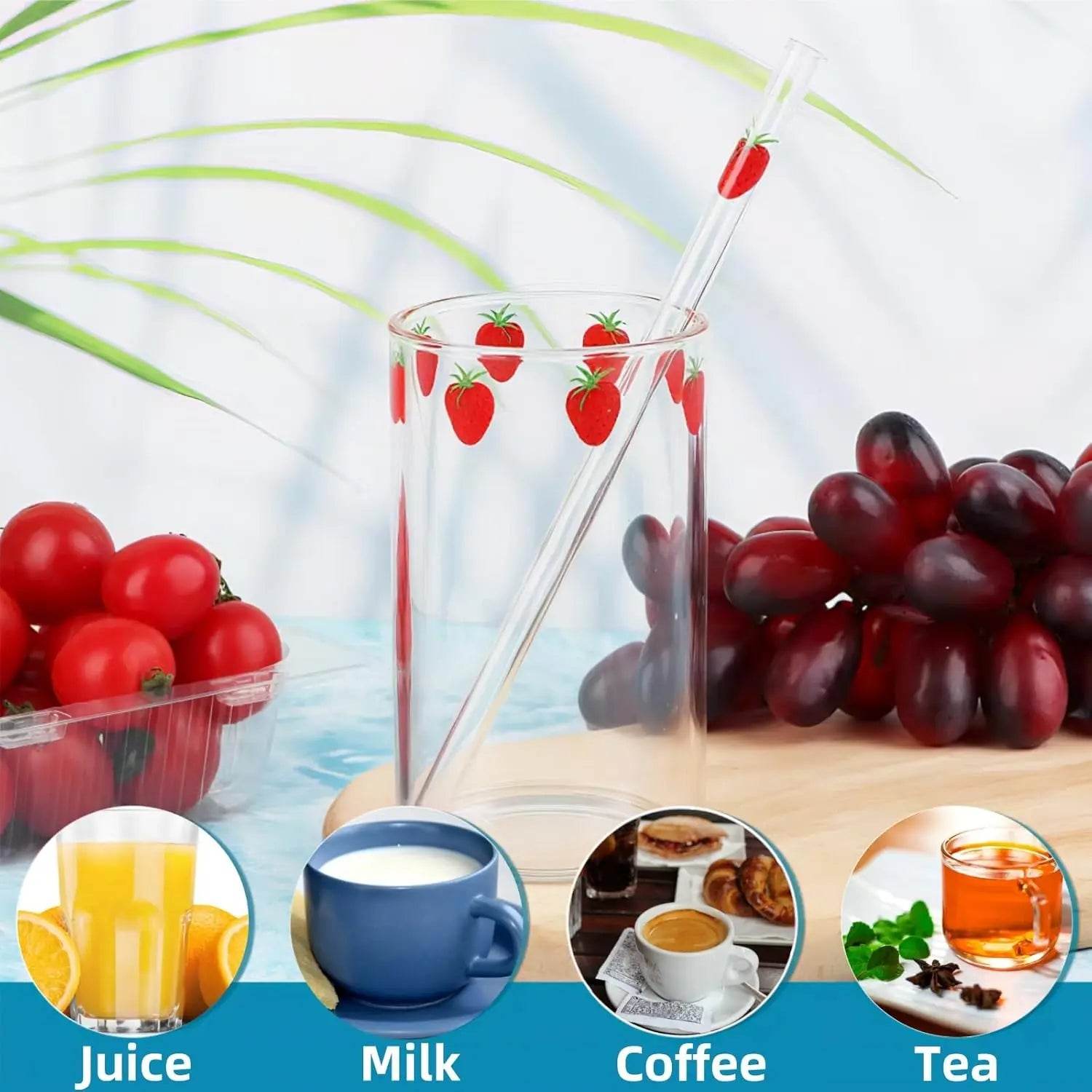 4 Sets Strawberry Cups, 300ML Clear Small Glass Strawberry Drinking Cups with 4 Pieces and Straws - Loft&Timber