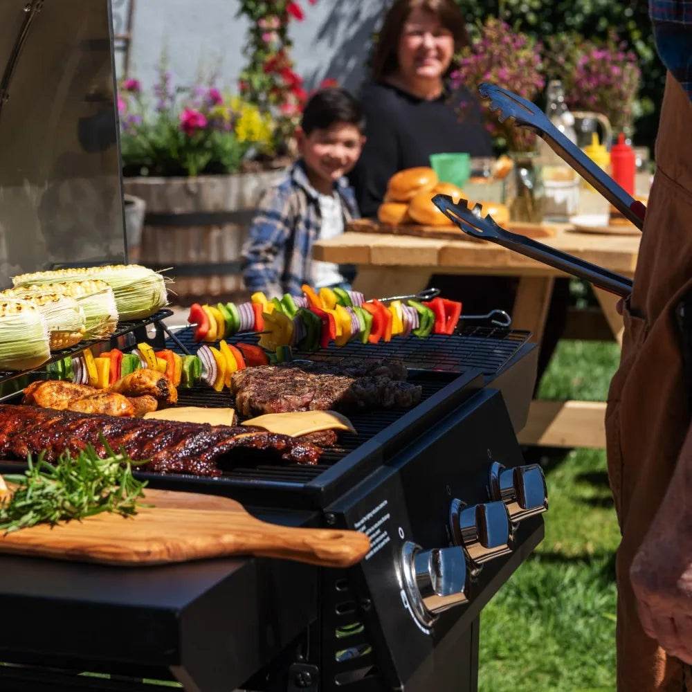 Nexgrill 3-Burner Propane Gas Grill with Side Shelves, 27,000 BTU Output, Stainless Steel Hood, Large 429 Square Inch - Loft&Timber