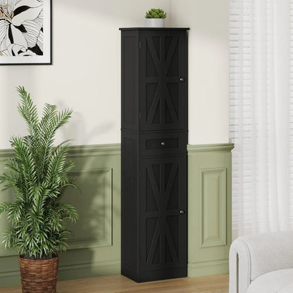 67" h tall bathroom cabinet, narrow storage cabinet with 2 barn doors and 1 drawer, freestanding floor cabinets with 6 shelves