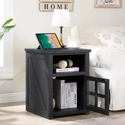 Farmhouse Nightstand with Charging Station, Rustic End Table with Tempered Glass Barn Door, Wood Sofa Side Bedside Table with Op
