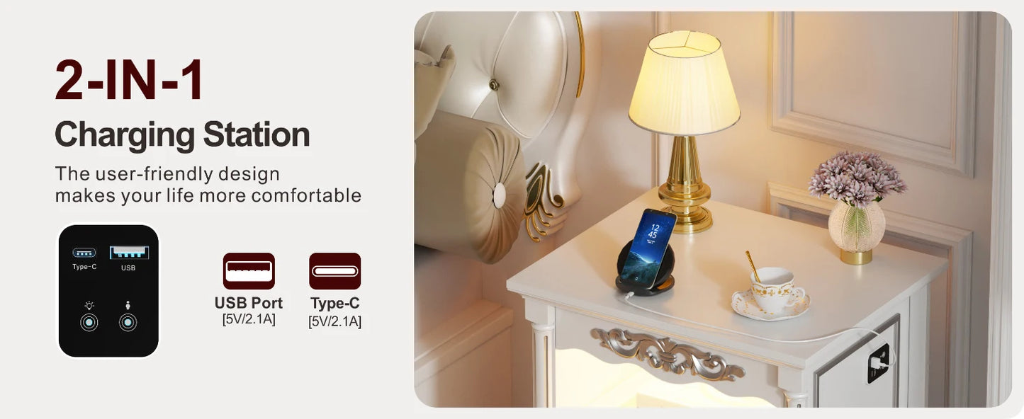 JDPAG Farmhouse Nightstand with Gun Drawer, 20" Vintage Bedside Table with LED Lights & Charging Station