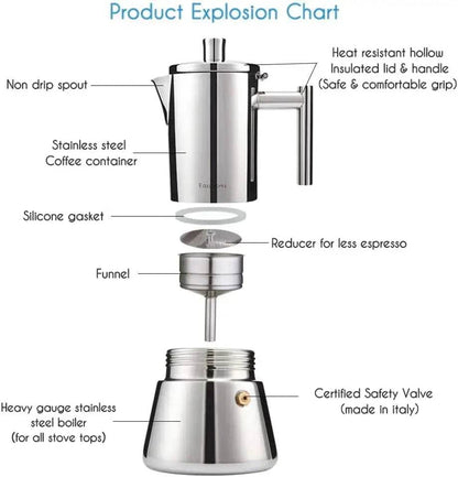 Stovetop Espresso Maker Stainless Steel Italian Coffee Machine Maker 4Cup 6.8 oz Induction Moka Pot - Loft&Timber