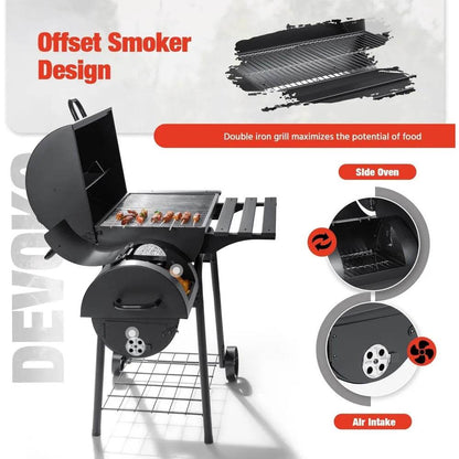 Charcoal Grill, Outdoor BBQ Grill with Offset Smoker and Side Table for Garden and Parties - Loft&Timber