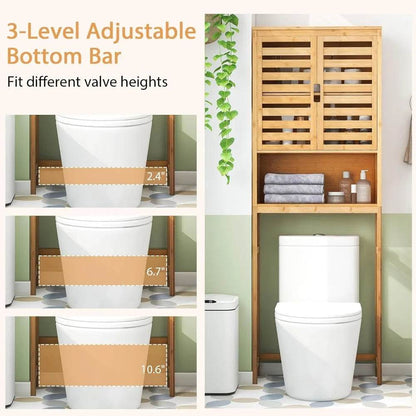 freestanding tall bamboo bathroom shelf with two doors and open storage above toilet - Loft&Timber