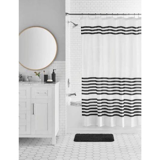 17-Piece Black & White Stripe Polyester/Plastic Shower Curtain