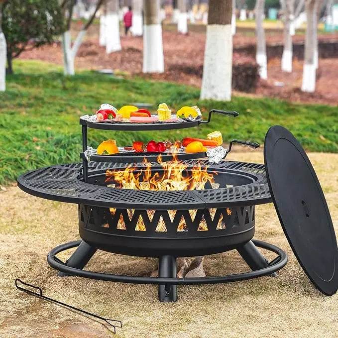 42 Inch Fire Pit with 2 Grills, Large Outdoor Firepits for Outside, Wood Burning Fireplace, 3-in-1 Ro - Loft&Timber