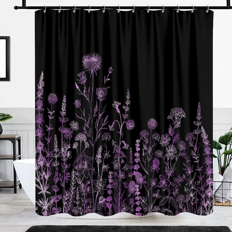 Vintage Black and Purple Boho Shower Curtain with Dark Wildflower Botanical Flowers 72X72"