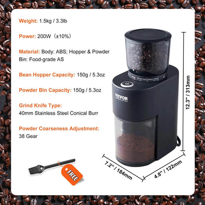VEVOR 40MM Conical Burr Coffe Bean Electric Grinder - Loft&Timber