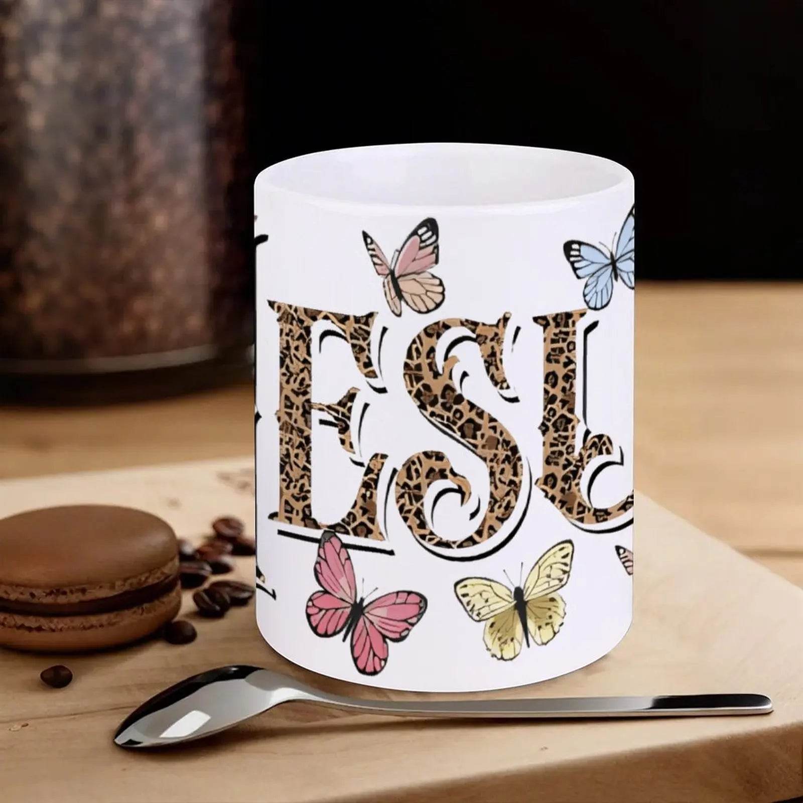 The Word Jesus Surrounded By Butterflies And Leopard Print Ceramic Coffee Mug Bible Verse Cup, 330ml Drinkware - Loft&Timber