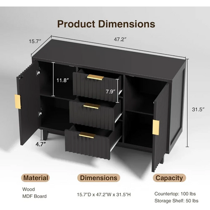 47.2" Large Fluted Buffet Storage Cabinet with 3 Drawers - Loft&Timber
