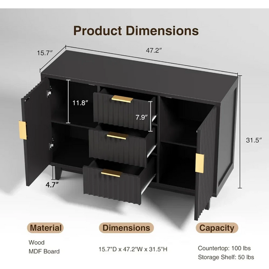 47.2" Large Fluted Buffet Storage Cabinet with 3 Drawers - Loft&Timber