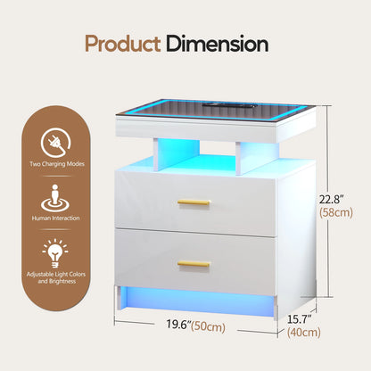 JDPAG LED Nightstand with Wireless Charging Station,Black Night Stand with 2 Drawers,Glass Top Smart Bedside Table