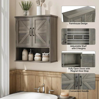 Farmhouse Style Wall-Mounted Bathroom Cabinet with Adjustable Shelves and Barn Door Design - Loft&Timber