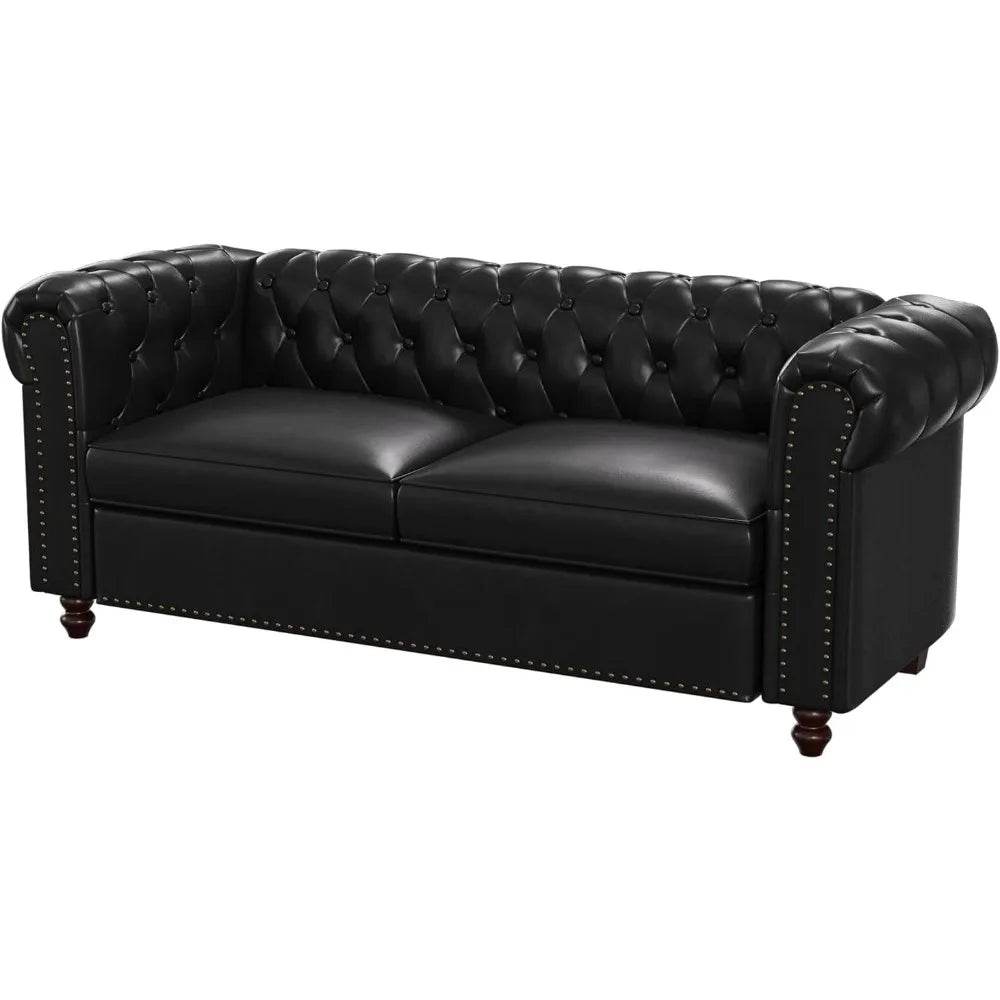 72 Inch Black Sofa, Chesterfield Faux Leather Couch with Wooden Legs - Loft&Timber