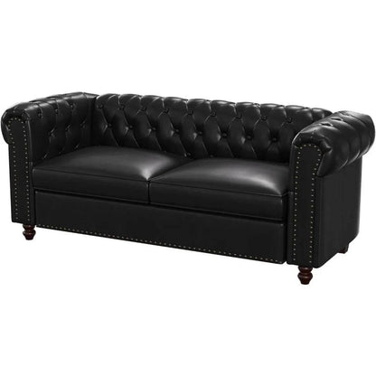 72 Inch Black Sofa, Chesterfield Faux Leather Couch with Wooden Legs - Loft&Timber