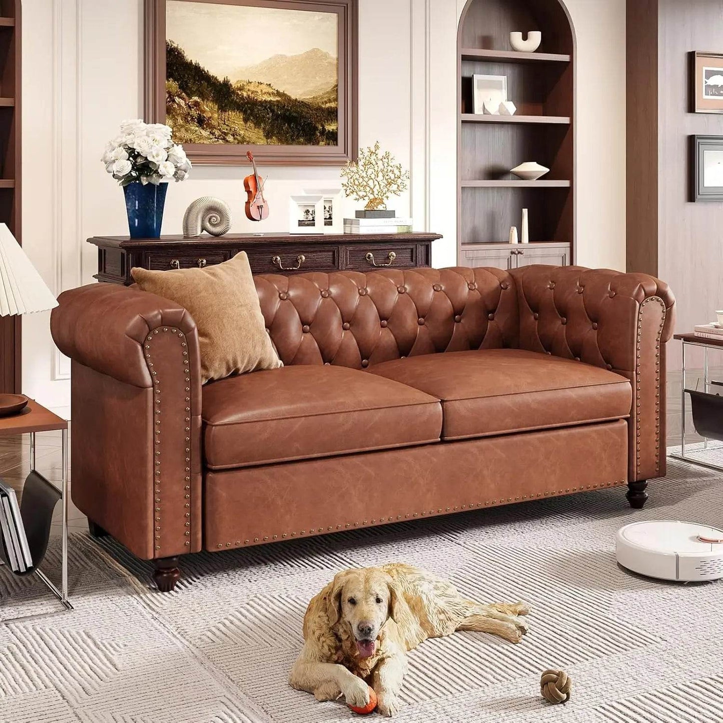 Chesterfield Faux Leather Sofa Couch with Wooden Legs - Loft&Timber