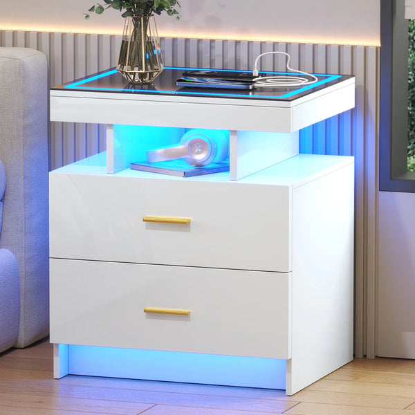 JDPAG LED Nightstand with Wireless Charging Station,Black Night Stand with 2 Drawers,Glass Top Smart Bedside Table