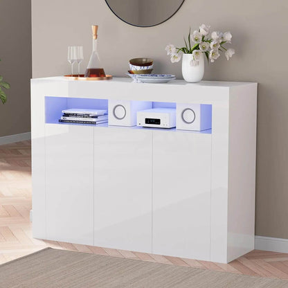 High Glossy Sideboard Modern White Buffet Cabinet with LED Lights - Loft&Timber