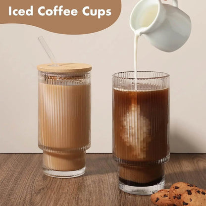 Glass Cups with Bamboo Lids and Straws - 16 oz Iced Coffee Cups - Loft&Timber
