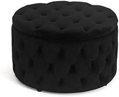 Round Storage Ottoman, Button Tufted, Black