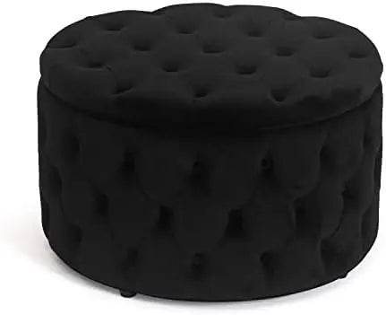 Round Storage Ottoman, Button Tufted, Black - Loft&Timber
