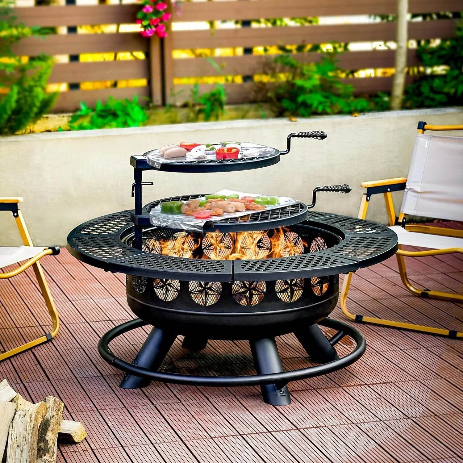 36 Inch Fire Pit with 2 Cooking Grills,Outdoor Wood Burning BBQ Firepit with Lid, 3-in-1 Outdoor Fire Pit - Loft&Timber
