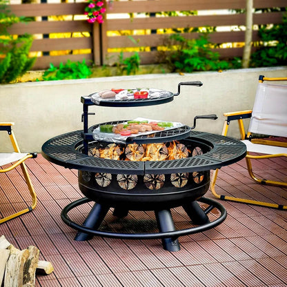 36 Inch Fire Pit with 2 Cooking Grills,Outdoor Wood Burning BBQ Firepit with Lid, 3-in-1 Outdoor Fire Pit - Loft&Timber