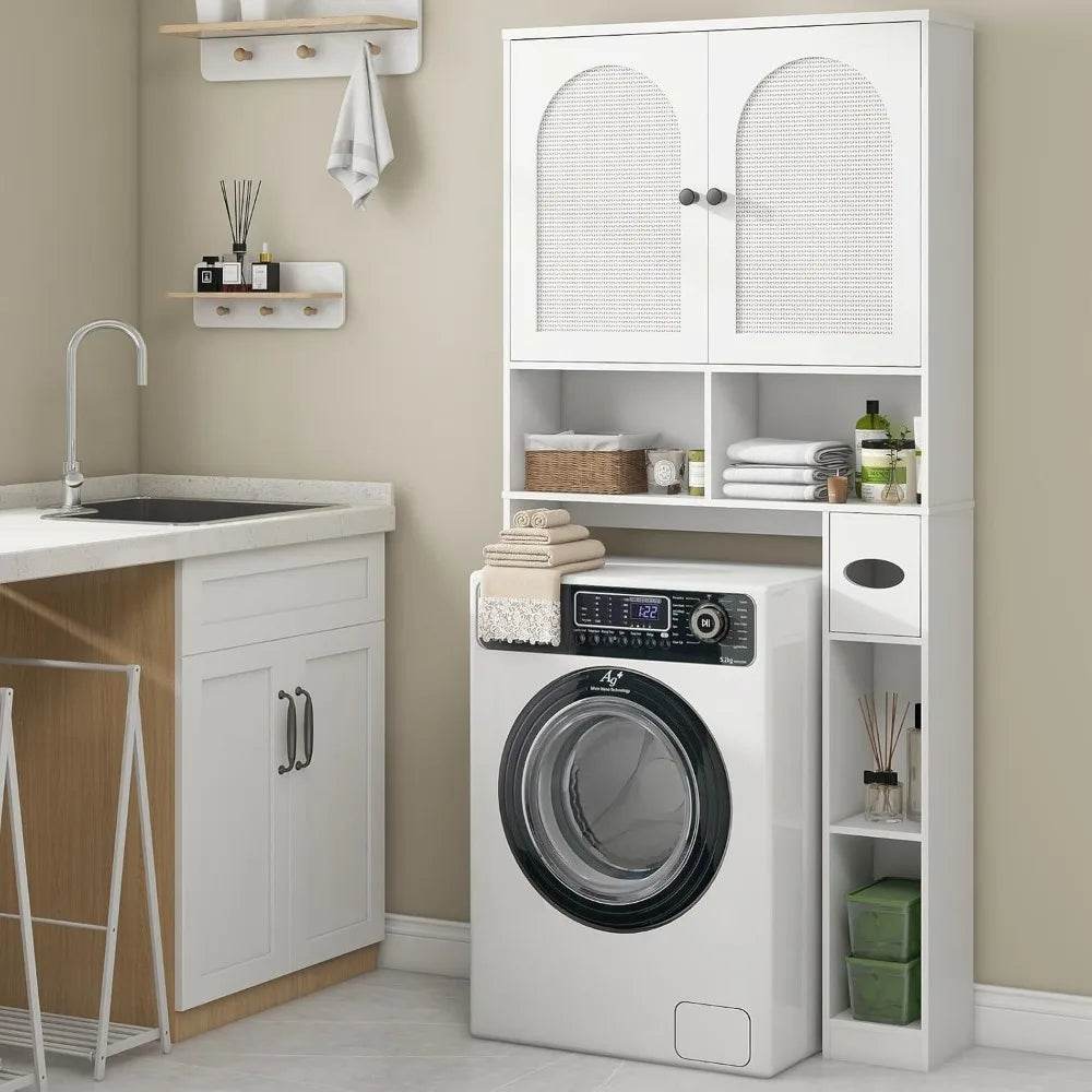 Over-the-Toilet Rattan Storage Cabinet with Double Doors and Toilet Paper Stand, Freestanding - Loft&Timber