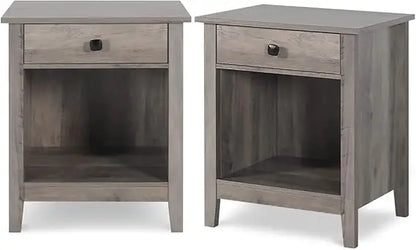 Nightstands - Set of 2 Wooden Night Stands, Bedside Tables, with Drawers, Farmhouse Style Bedroom Furniture (Grey Wood Grain, 1