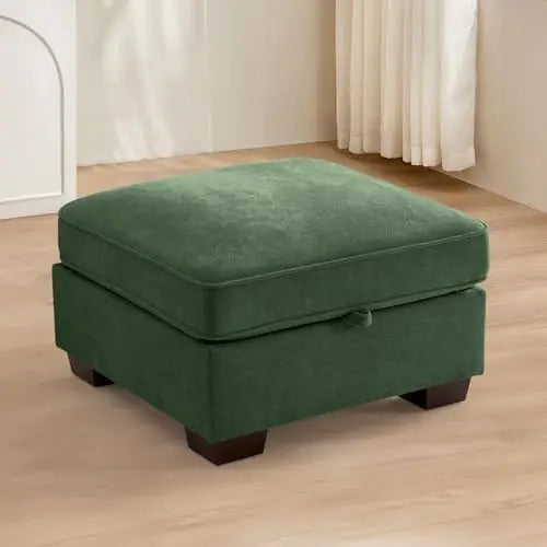 27.5' Square Storage Ottoman, Green Chenille, Wood Legs