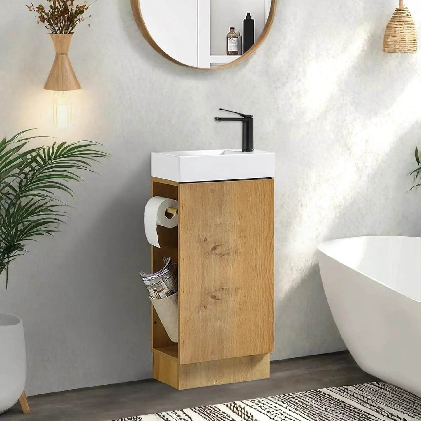 Modern floor standing small bathroom vanity, bathroom cabinet set with 2 toilet paper holders